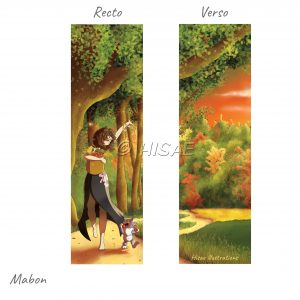 Marque-page numérique représentant une femmes chargée de fruits de légumes et de blé saluant la nature avec son chat ©Ysae illustrations