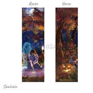 Marque-page numérique représentant une femme tirant les cartes dans les bois sous le regard du fantôme de sa grand-mère, le soir de Samhain ©Ysae illustrations