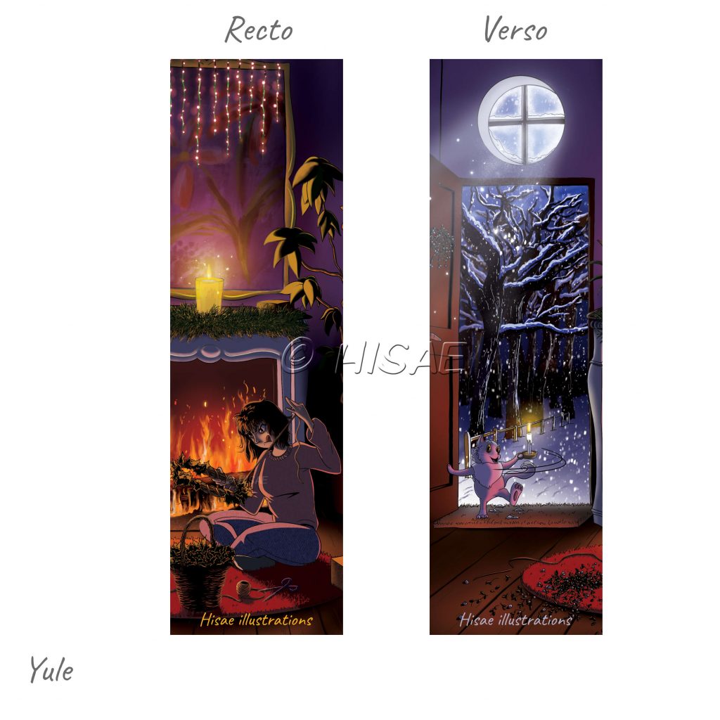 Marque-page numérique représentant une femme fabriquant une couronne de houx pour Yule pendant que son chat entre en portant une bougie ©Ysae illustrations