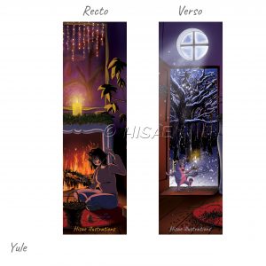 Marque-page numérique représentant une femme fabriquant une couronne de houx pour Yule pendant que son chat entre en portant une bougie ©Ysae illustrations