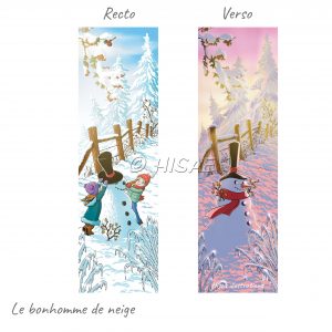 Marque-page illustré représentant d'un côté des enfants faisant un bonhomme de neige la journée et de l'autre ce bonhomme de neige au coucher du soleil @Ysae illustrations