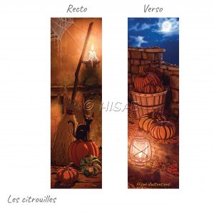 Marque-page numérique d'Halloween représentant d'un côté un chat sur un citrouille près d'un balai et de l'autre des citrouille dans des feuilles d'automne ©Ysae illustrations