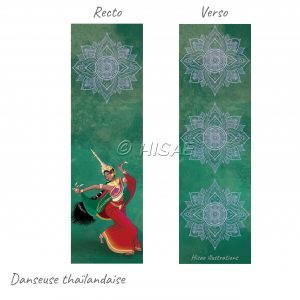 Marque-page numérique représentant une danseuse thaïlandaise en costume traditionnel dansant au dessus d'un mandala ©Ysae illustrations