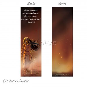 Marque-page numérique représentant une femme sorcière de l'ancien temps qui a rompu ses chaînes, en dessous d'un slogan féministe ©Ysae illustrations