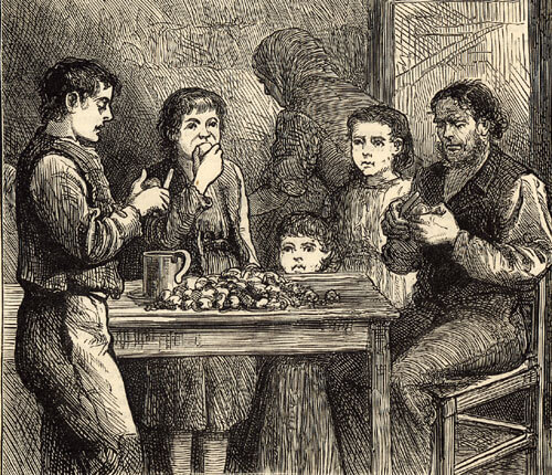"Breakfast time", gravure représentant des enfants irlandais prenant un petit déjeuner à base de pommes de terre. Dessin paru dans "The Graphic" le 6 mars 1880