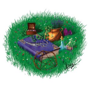 Dessin numérique représentant tout le matériel de la sorcière verte: le grimoire, les cristaux, le chaudron, les plantes et autres fioles magiques @Ysae illustrations