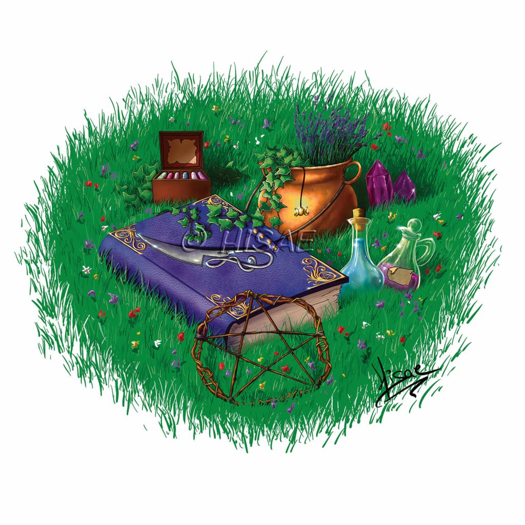 Dessin numérique format carte postale représentant tout le matériel de la sorcière verte: le grimoire, les cristaux, le chaudron, les plantes et autres fioles magiques @Ysae illustrations