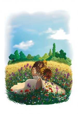 Dessin numérique format carte postale représentant la sorcière de l'été agenouillée dans un champ de blé et de fleurs déversant le contenu de sa corne d'abondance @Ysae illustrations