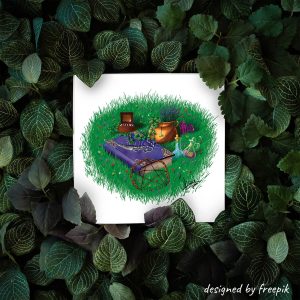 Dessin numérique présenté dans des feuillage et représentant la sorcière de l'été agenouillée dans un champ de blé et de fleurs déversant le contenu de sa corne d'abondance @Ysae illustrations