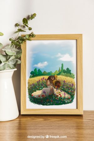 Dessin numérique présenté sous cadre et représentant la sorcière de l'été agenouillée dans un champ de blé et de fleurs déversant le contenu de sa corne d'abondance @Ysae illustrations