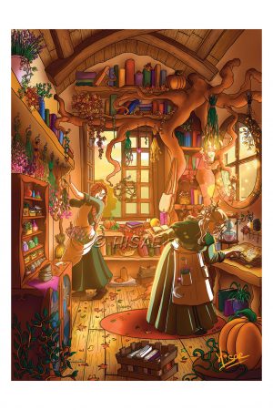 Dessin numérique format carte postale représentant deux herboristes en plein travail dans leur atelier chargé de livres et baigné dans une belle lumière de fin du jour @Ysae illustrations