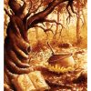 Dessin à l'encre sepia et ocre format carte postale pour Halloween représentant un arbre tordu dans une forêt au pied duquel on voit un grimoire ouvert et, en arrière plan, le chaudron d'une sorcière sur le feu @Ysae illustrations