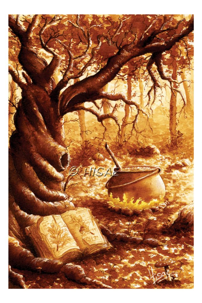 Dessin à l'encre sepia et ocre format carte postale pour Halloween représentant un arbre tordu dans une forêt au pied duquel on voit un grimoire ouvert et, en arrière plan, le chaudron d'une sorcière sur le feu @Ysae illustrations