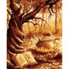 Dessin à l'encre sepia et ocre imprimé pour Halloween représentant un arbre tordu dans une forêt au pied duquel on voit un grimoire ouvert et, en arrière plan, le chaudron d'une sorcière sur le feu @Ysae illustrations