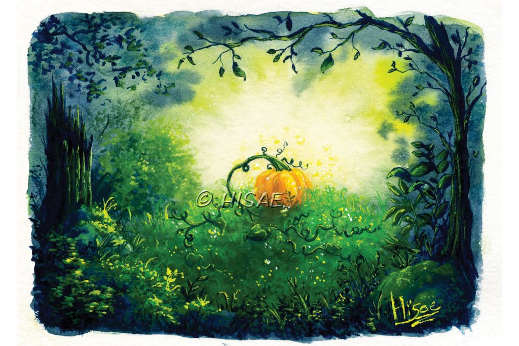 Peinture à la gouache sur fond d'aquarelle en format carte postale représentant une citrouille magique qui pousse une milieu d'une verte forêt @Ysae illustrations