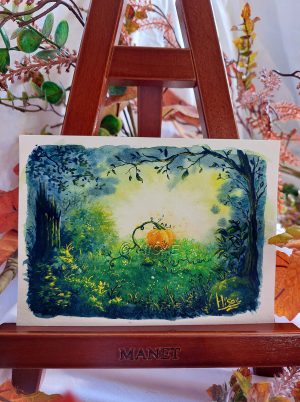 Peinture originale à la gouache sur fond d'aquarelle représentant une citrouille magique qui pousse une milieu d'une verte forêt @Ysae illustrations
