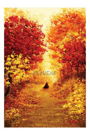 Peinture à la gouache format carte postale représentant une silhouette encapuchonnée s'éloignant dans une forêt aux couleurs de l'automne @Ysae illustrations