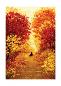 Impression d'une peinture à la gouache représentant une silhouette encapuchonnée s'éloignant dans une forêt aux couleurs de l'automne @Ysae illustrations