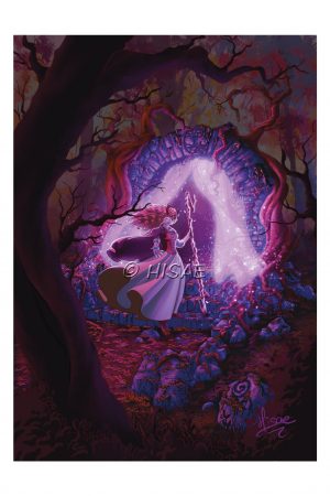Dessin numérique format carte postale représentant une sorcière de l'automne dans une forêt d'automne qui nous invite à franchir le voile de Samhain qui souffle dans d'anciennes ruines @Ysae illustrations