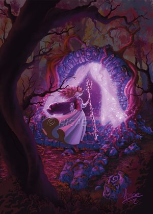 Dessin numérique imprimé représentant une sorcière de l'automne dans une forêt d'automne qui nous invite à franchir le voile de Samhain qui souffle dans d'anciennes ruines @Ysae illustrations