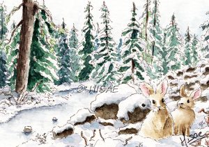 Dessin format mini carte de vœux réalisé à l'aquarelle représentant deux lapins dans un paysage de neige @Ysae illustrations