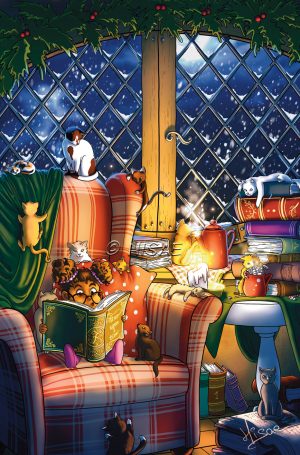 Dessin numérique format carte de vœux représentant une petite fille faisant la lecture à plein de chatons ) la lumière d'une bougie @Ysae illustrations