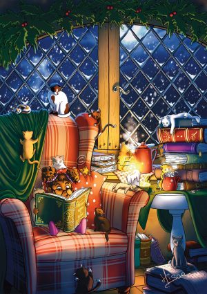 Dessin numérique représentant une petite fille faisant la lecture à plein de chatons ) la lumière d'une bougie @Ysae illustrations