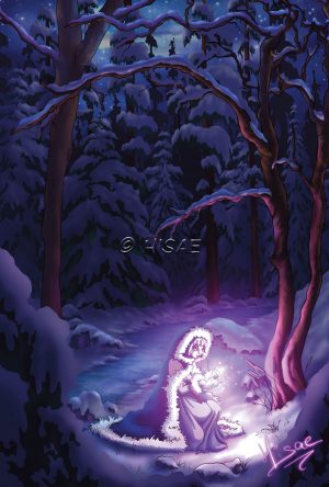 Dessin numérique format carte de vœux représentant la sorcière de Yule ramassant une fleur magique dans un paysage d'hiver enneigé lors du solstice d'hiver @Ysae illustrations