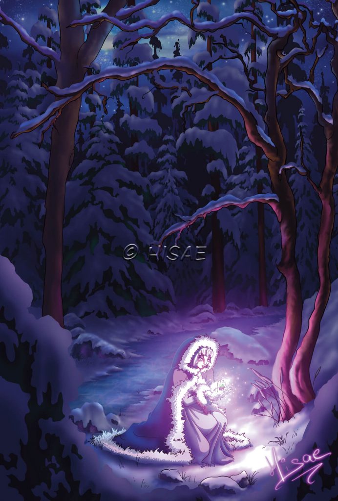 Dessin numérique format carte de vœux représentant la sorcière de Yule ramassant une fleur magique dans un paysage d'hiver enneigé lors du solstice d'hiver @Ysae illustrations