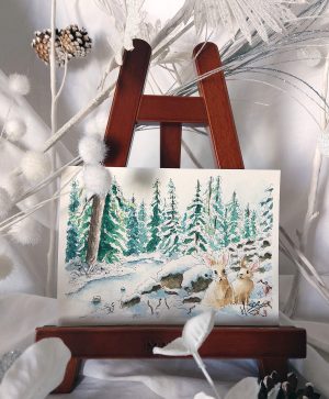Aquarelle originale représentant deux lapins dans un paysage de neige @Ysae illustrations