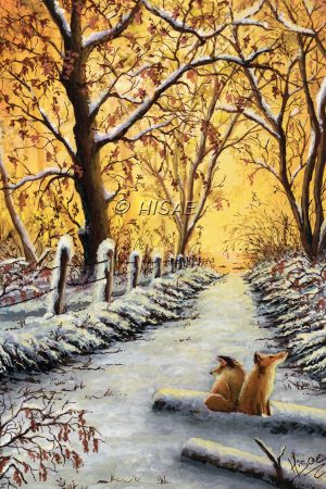 Dessin format carte de vœux réalisé à la gouache représentant deux renards sur un chemin enneigé @Ysae illustrations