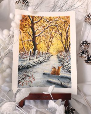 Gouache originale représentant deux renards sur un chemin enneigé @Ysae illustrations