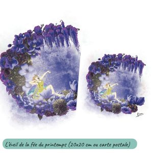 Dessin numérique et sa version carte postale représentant une fée qui s'éveille, assise sur une lune faite de fleurs de printemps @Ysae illustrations