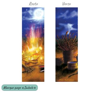 Dessin numérique sur marque-page représentant la fête païenne celte d'Imbolc avec d'un côté un grand feu et de l'autre un pot de lait et un panier contenant du bois @Ysae illustrations