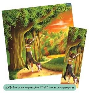 Dessin numérique et son format marque-page représentant la fête païenne de Mabon avec une femme chargée d'un panier plein de fruits et légumes qui remercie la nature de fin d'été @Ysae illustrations