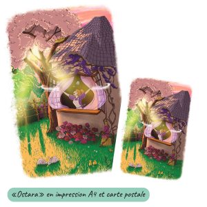 Dessin numérique et son format carte postale représentant la fête païenne d'Ostara avec une femme qui ouvre ses volets sur la nature du printemps qui s'éveille @Ysae illustrations