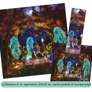 Dessin numérique imprimé avec la version carte portale et le format marque-page représentant la fête païenne de Samhain avec une femme qui tire les cartes dans un bois au milieux des fantômes d'Halloween à la lumière d'une citrouille creusée façon Jack O' lantern @Ysae illustrations