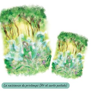 Dessin numérique et sa version carte postale représentant une sorcière agenouillée dans la forêt et qui fait pousser des arbres avec sa magie @Ysae illustrations
