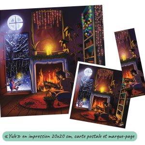 Dessin numérique imprimé et la version carte postale et marque-page représentant la fête païenne de Yule avec une femme qui tresse une couronne de houx devant un feu de cheminée pour Noël et son chat qui rentre de l'extérieur où tombe la neige @Ysae illustrations