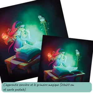 Dessin numérique et sa version carte postale représentant une apprentie-sorcière surprise devant la magie qui s'échappe de sont grimoire @Ysae illustrations