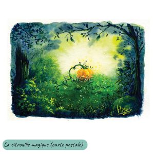 Peinture à la gouache sur fond d'aquarelle en format carte postale représentant une citrouille magique qui pousse une milieu d'une verte forêt @Ysae illustrations