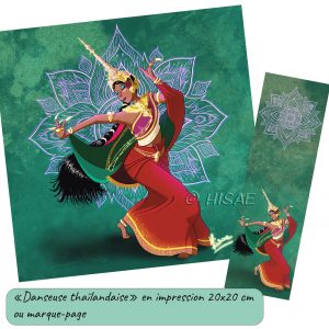 Dessin numérique imprimé et son format marque-page représentant une danseuse thaïlandaise en costume traditionnel en train de danser devant un fond de mandala @Ysae illustrations