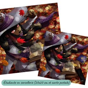 Dessin numérique et sa version carte postale représentant une sorcière en uniforme de l'université en train de regarder de vieilles gravure dans un livre, assise dans les feuilles automnales @Ysae illustrations