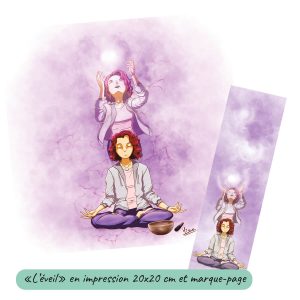 Dessin numérique imprimé et son format marque-page représentant une femme en pleine méditation et voyage astral @Ysae illustrations
