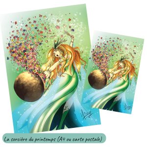 Dessin numérique en format A4 et carte postale représentant la sorcière du printemps qui fait apparaître des fleurs dans son chaudron @Ysae illustrations