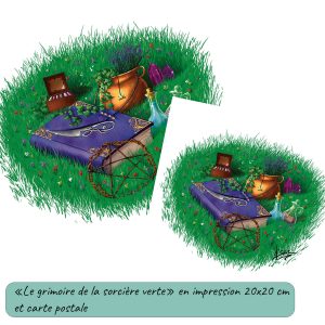 Dessin numérique et sa version carte postale représentant tout le matériel de la sorcière verte: le grimoire, les cristaux, le chaudron, les plantes et autres fioles magiques @Ysae illustrations