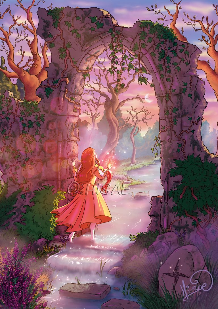 Dessin numérique imprimé représentant une sorcière païenne invoquant le feu pour la fête païenne d'Imbolc @Ysae illustrations