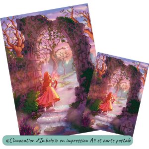 Dessin numérique imprimé représentant une sorcière païenne invoquant le feu pour la fête païenne d'Imbolc en format A4 et carte postale @Ysae illustrations