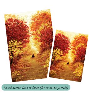 Impression d'une peinture à la gouache et sa version carte postale représentant une silhouette encapuchonnée s'éloignant dans une forêt aux couleurs de l'automne @Ysae illustrations