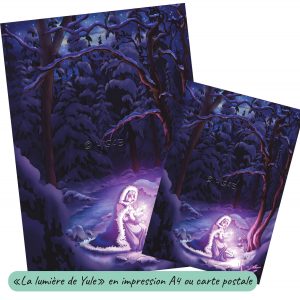 Dessin numérique format carte de vœux et A4 représentant la sorcière de Yule ramassant une fleur magique dans un paysage d'hiver enneigé lors du solstice d'hiver @Ysae illustrations